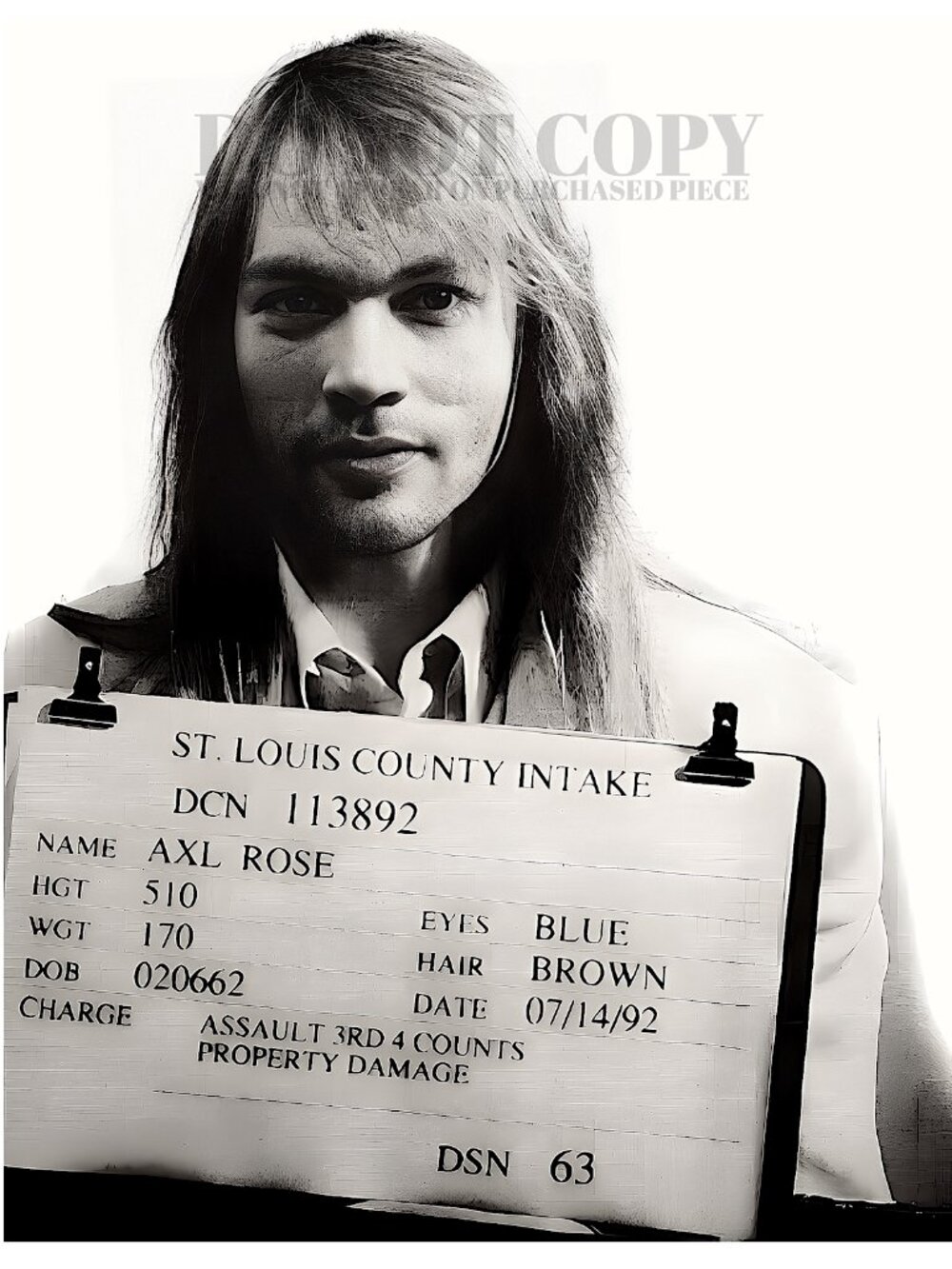 Axl Rose Mugshot Photograph 11 X 14 | Rare 1992 Mug Shot Picture | Poster Print